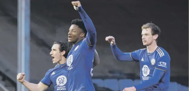  ??  ?? ATTACKING TRIO: Jack Redshaw, Devante Rodney and Cameron King celebrate one of Town’s five goals against Maidenhead last Saturday. Photo: Bruce Fitzgerald.