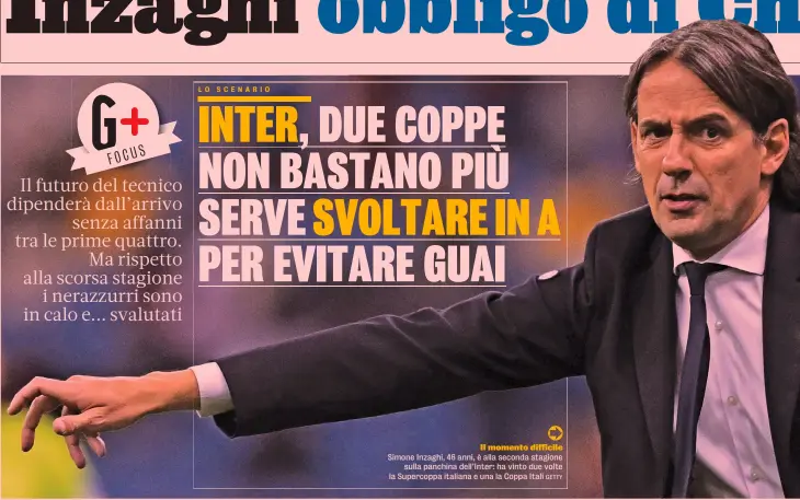  ?? ?? Il momento difficile Simone Inzaghi, 46 anni, è alla seconda stagione sulla panchina dell’Inter: ha vinto due volte la Supercoppa italiana e una la Coppa Itali
