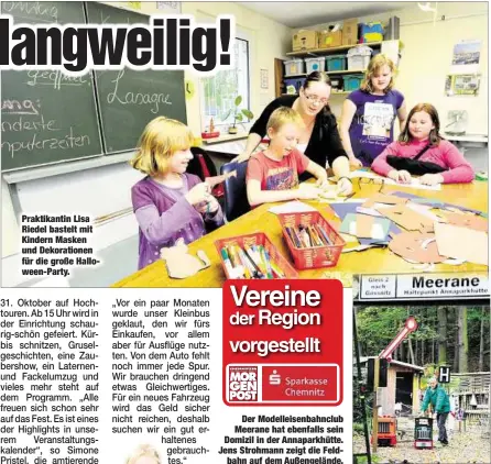  ??  ?? Praktikant­in Lisa Riedel bastelt mit Kindern Masken und Dekoration­en für die große Halloween-Party.