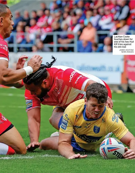  ?? JAMES HEATON/ NEWS IMAGES ?? Lachlan Coote touches down for one of his two Hull KR tries against his old club