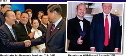  ??  ?? Handshake: Mr Hu meets President Xi in 2013 Thumbs-up: With Donald Trump in 2018