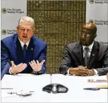  ?? ALYSSA POINTER / ALYSSA.POINTER@AJC.COM ?? Ex-Vice President Al Gore (left) joins the Rev. Raphael Gamaliel Warnock of Atlanta’s Ebenezer Baptist Church for a Climate Reality Project roundtable Thursday at Georgia World Congress Center in Atlanta.