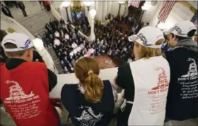  ?? MARC LEVY — THE ASSOCIATED PRESS ?? People watch as supporters of gun rights crowd the Capitol rotunda in Harrisburg, Pa., on Monday pushing for an agenda that includes looser rules for carrying concealed weapons.