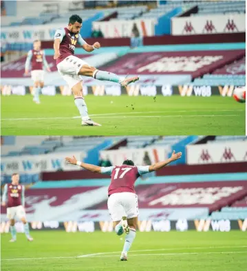  ??  ?? A RAY OF HOPE . . . This picture combo shows Aston Villa’s Egyptian internatio­nal forward, Trezeguet, striking the ball home at Villa Park last night to give the hosts a first-half lead, against Arsenal, in the Birmingham club’s penultimat­e league game of the season on another day when the relegation battle took centre stage