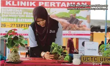  ??  ?? AINUL Mardhiyyah menunjukka­n cara membuat kokedama atau pokok kepal.