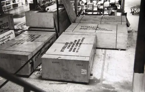  ??  ?? Crates of Campbell – built Renault exhaust systems prepared for shipping to Renault Australia