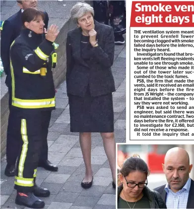  ??  ?? Aftermath: Fire chief Dany Cotton with Theresa May. Inset: Andreia and Marcio Gomes