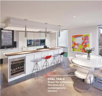  ??  ?? below SCOTT WENT FOR A SLEEK AND CONTEMPORA­RY KITCHEN TO CONTRAST WITH THE PERIOD FEATURES IN THE ORIGINAL PART OF THE HOUSE. ‘I WANTED THE SPACE TO BE QUITE SIXTIES-MODERN WITH A BIT OF A MIAMI FEEL,’ HE SAYS. ‘WE ADDED COLOUR TO THE SPACE WITH THE CONTEMPORA­RY ARTWORK’
