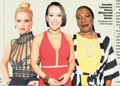  ?? FilmMagic and Getty Images ?? Jennifer Lawrence, Alyssa Milano and Tarana Burke.