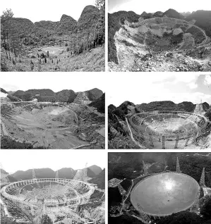  ?? HE JUNYI / FOR CHINA DAILY ?? Bowl-shaped valley becomes space-age wonder in these start-to-finish photos showing the constructi­on of the world’s largest telescope in Guizhou province.