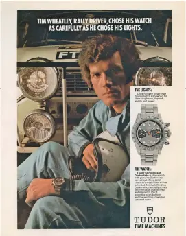  ??  ?? Right: A 1970s advert for Tudor’s first chronograp­h watch. Below top to bottom: The all new ‘panda dial’ Black Bay Chrono; Tudor’s original Home Plate in its ‘peanut box’ case