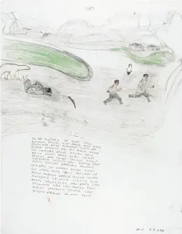  ??  ?? BELOW Jacob Peterloosi­e (b. 1930 Mittimatal­ik) — Tormenting a Polar Bear 1964 Graphite 65 × 50 cm