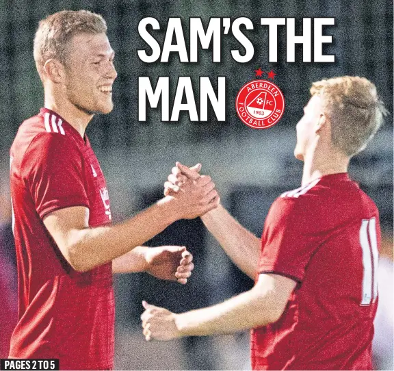  ??  ?? THIS IS GETTING FAMILIAR: Sam Cosgrove, left, celebrates scoring the first of his two goals against Dibba alongside Dons winger Gary Mackay-Steven