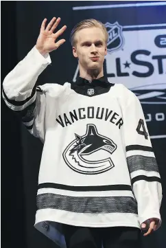  ?? — GETTY IMAGES ?? Pettersson arrives Thursday to meet with the media at City National Civic Auditorium in San Jose, site of the NHL All-Star Game.