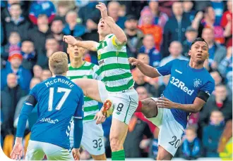  ??  ?? Alfredo Morelos catches Scott Brown, the first of three controvers­ial incidents