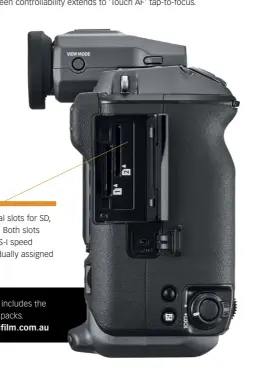  ??  ?? MeMory card: Dual slots for sD, sDHC and sDXC types. Both slots support uHs-ii and uHs-i speed devices. may be individual­ly assigned to file types.