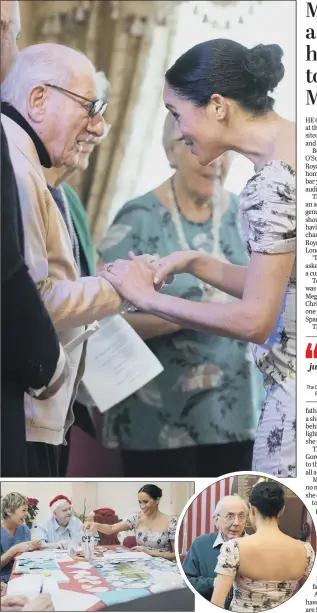  ?? PICTURES: PA WIRE. ?? STARRING ROLE: Above, the Duchess of Sussex meets Reg Brigden at the care home; left, Meghan proves a dab hand at making decoration­s; inset right, with former TV star actor Richard O’Sullivan.