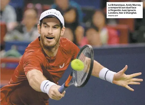  ?? PHOTO AFP ?? Le Britanniqu­e, Andy Murray, a remporté son duel face à l’Argentin Juan Ignacio Londero, hier à Shanghai.