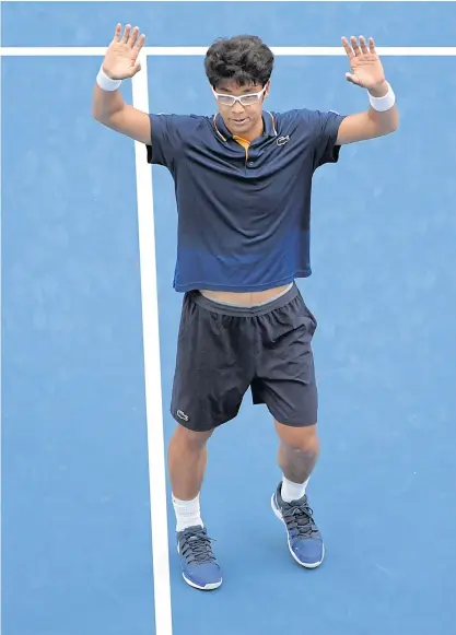  ??  ?? Chung Hyeon celebrates his win over Alexander Zverev in the third round of the Australian Open yesterday.