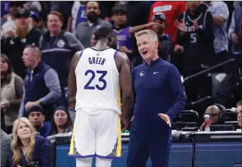  ?? LACHLAN CUNNINGHAM — GETTY IMAGES, FILE ?? Draymond Green (23) of the Warriors talks to head coach Steve Kerr after receiving a technical foul in the fourth quarter against the Kings during an NBA In-Season Tournament game at Golden 1Center on Nov. 28in Sacramento.