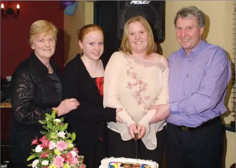  ??  ?? A BLAST FROM THE PAST - 2003: Sarah Brennan, Courtown Road, Gorey cutting the cake at her 21st birthday in Gorey Rugby Club, with her parents Margaret and Liam and sister Sinead.