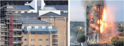  ??  ?? CHECKS Scaffoldin­g at the Faslane supermess. Left, the Grenfell flats blaze