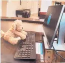  ?? COURTESY OF ALLISON KUYKENDALL ?? Ruff Ruff “works” at a terminal in the Doubletree by Hilton Hotel in Richmond, Virginia. Ruff Ruff was left in a room, and hotel staff decided to photograph the stuffed dog around the hotel.