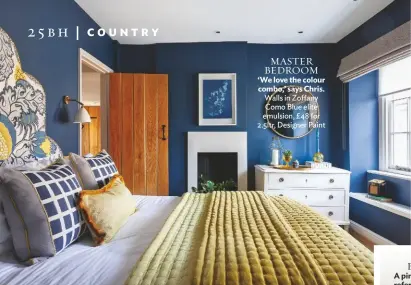  ??  ?? MASTER BEDROOM ‘We love the colour combo,’ says Chris. Walls in Zoffany Como Blue elite emulsion, £48 for 2.5ltr, Designer Paint