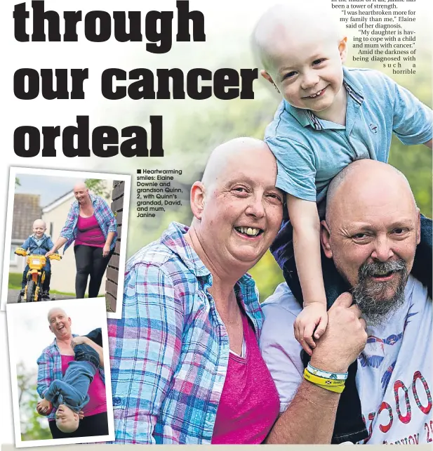  ??  ?? Heartwarmi­ng smiles: Elaine Downie and grandson Quinn, 2, with Quinn’s grandad, David, and mum, Janine