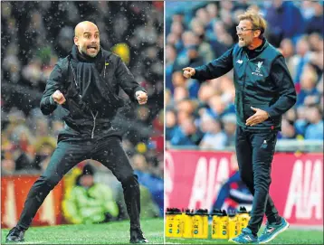  ??  ?? Manchester City's manager Pep Guardiola (L) and Jurgen Klopp has no qualms about saluting Pep Guardiola's ability to create "extraordin­ary" teams, but the Liverpool boss is convinced he can bridge the class divide when City visits Anfield for their...