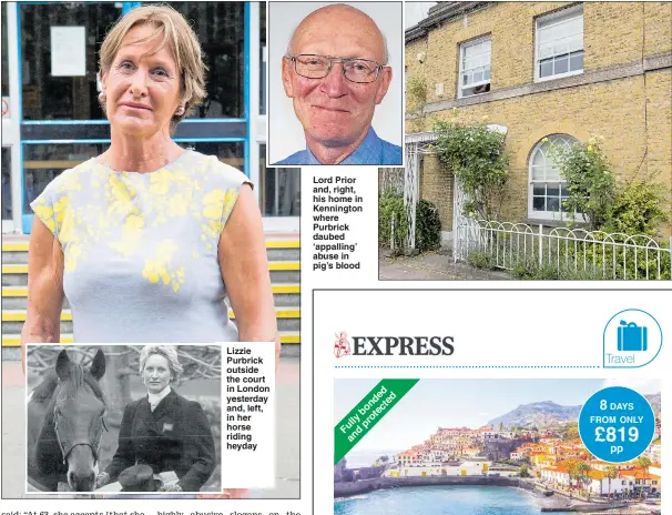  ?? Pictures: STEVE REIGATE, DOMINIC LIPINSKI/PA, JOHN WALTERS/REX ?? Lizzie Purbrick outside the court in London yesterday and, left, in her horse riding heyday Lord Prior and, right, his home in Kennington where Purbrick daubed ‘appalling’ abuse in pig’s blood