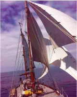  ??  ?? With a jury-rigged boom as a spar and creatively repurposed sails, Pantagruel was transforme­d from a yawl to a schooner, which allowed the crew to sail onward to the Azores.