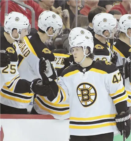  ?? AP PHOTO ?? BACK ON TRACK: Bruins defenseman Torey Krug celebrates his goal with teammates during the second period of last night’s 5-3 victory against the New Jersey Devils in Newark, N.J.