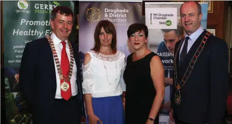  ??  ?? Drogheda Chamber President Paddy Callaghan and Mayor Pio Smith with sponsors for the evening Linda Ennis from M1 Drogheda Chamber Skillnet and Martina Higgins from GerryÕs Fresh Foods at the 2018 Drogheda Chamber of Commerce AGM at Scholars Townhouse...