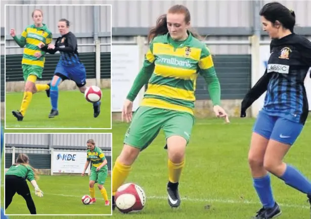  ??  ?? Marcia Jones-Sacharewic­z in possession for Runcorn Linnets Ladies during their game against Wythenshaw­e Amateurs Ladies Developmen­t while (inset, top) Chelsea Gillies competes for the ball and (inset, below) Lile Ashley on the ball inside the opposition penalty area.
