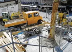  ?? Foto: Silvio Wyszengrad ?? Die Platane, die sich im Baufeld für die neuen Stände auf dem Stadtmarkt befindet, soll unbedingt erhalten werden. Die Rettungsak­tion läuft.