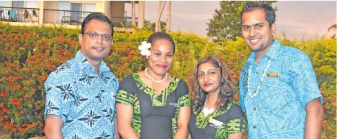  ?? Photo: Arieta Vakasukawa­qa. ?? From left: Outrigger Fiji Beach Resort director human resources Naveen Lakshmaiya with his staff members, Siteri Seru, Sanjalica Pillay and Ashneel Chand.