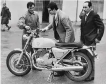 ??  ?? Right: Benelli 650 in the factory yard in July 1968. Left to right: tester Cristofero Fattori, race team manager Piero Nardi Dei and designer Piero Prampolini
Right: This is the Europeanis­ed final production version that emerged in 1970
