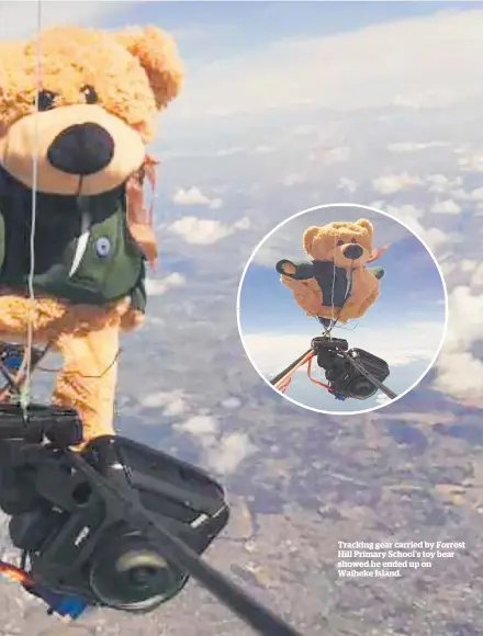  ??  ?? Tracking gear carried by Forrest Hill Primary School’s toy bear showed he ended up on Waiheke Island.