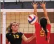  ?? FILE PHOTO ?? Penncrest’s Jordan Schuller, left in this file photo, came up with 10 kills to lead the Lions to a 3-0 victory over Marple Newtown.