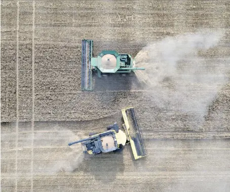  ?? DANIEL ACKER/BLOOMBERG ?? Hard red winter wheat is harvested with a John Deere combine harvester, top, and a New Holland combine harvester in this aerial photograph taken over Kansas in June. The crop was hit by a late winter storm, leading to an estimated 23 per cent decline...