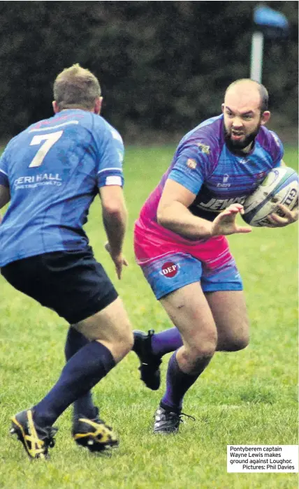  ??  ?? Pontyberem captain Wayne Lewis makes ground against Loughor.Pictures: Phil Davies