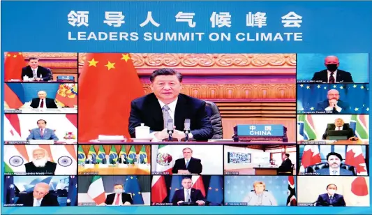  ?? Photo: Xinhua ?? Chinese President Xi Jinping speaks at the US- led Leaders Summit on Climate from Beijing via video link on Thursday. Xi announced that China is committed to achieving its major targets on fighting climate change, including realizing a carbon emissions peak in 2030 and achieving carbon neutrality in 2060, calling for jointly building a community for man and nature.
