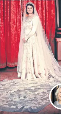  ??  ?? Thread count: Princess Elizabeth in her wedding dress, which was worked on by Betty Foster, inset. Betty used the pattern for her own gown when she married William, far left, and modernised it for her daughter Julie, left