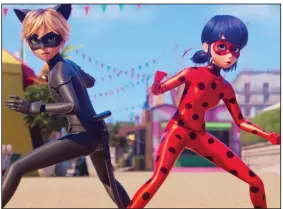  ?? ?? Brilliant disguise: Adrien (Bryce Papenbrook) and Marinette (Cristina Valenzuela) receive magic jewels that allow them to become superheroe­s in the French animated film “Ladybug & Cat Noir: Awakening,” now streaming on Netflix.