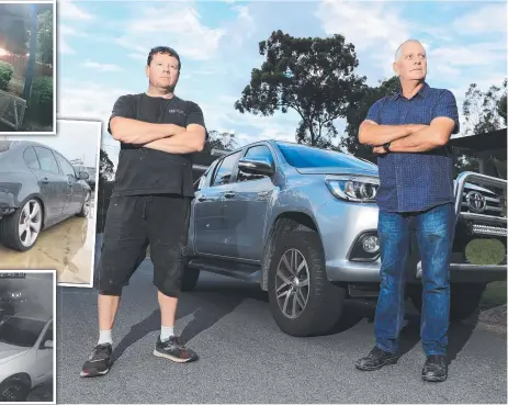  ?? Picture (main): Scott Powick ?? Highland Park neighbours Robert Brutman and Will Hattingh had their cars ransacked and stolen by the Southside Gang and (insets from top) hooning caught on CCTV at Mr Hattingh’s Burleigh business; the car allegedly stolen by the Southside Gang from Highland Park; and CCTV images of teens at the Mr Hattingh’s home on January 23.