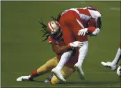  ?? NHAT V. MEYER — BAY AREA NEWS GROUP, FILE ?? San Francisco 49ers’ Richard Sherman tackles Arizona Cardinals’ Deandre Hopkins (10) after he made a catch in the first quarter at Levi’s Stadium in Santa Clara on Sept. 13.