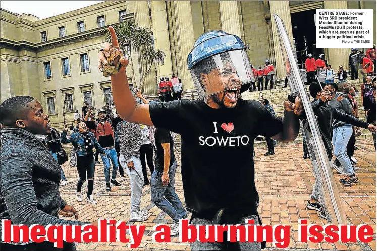  ?? Picture: THE TIMES ?? CENTRE STAGE: Former Wits SRC president Mcebo Dlamini during FeesMustFa­ll protests, which are seen as part of a bigger political crisis