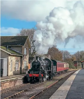  ??  ?? While the first services of the year on the East Somerset Railway, which has just received a £49,200 Culture Recovery Fund grant, are due to will take place on April 14, a gala is planned for April 24/25. The line has confirmed it is set to feature BR Ivatt 2-6-0 No. 46447 and GWR prairie No. 4555 on public trains, while Barclay 0-4-0ST Lady Nan may be engaged on shunting duties. No. 46447 is seen arriving at Cranmore with a two-coach local on October 26 last year. ROBIN BOYLE/ESR