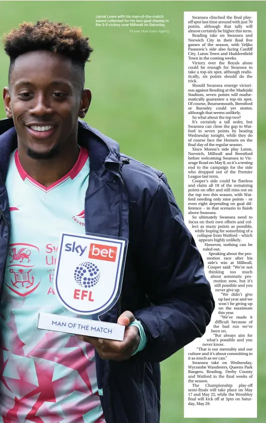  ?? Picture: Huw Evans Agency ?? Jamal Lowe with his man-of-the-match award collected for his two-goal display in the 3-0 victory over Millwall on Saturday.